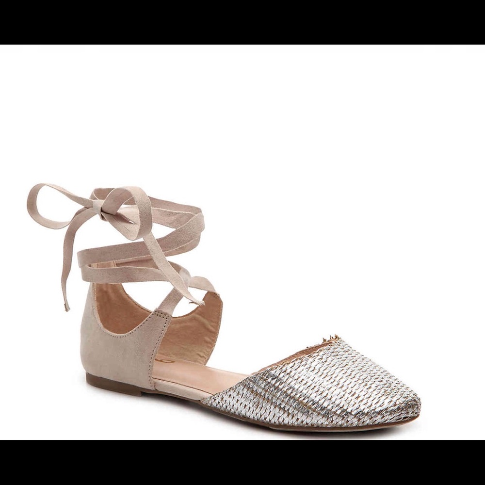 Size 9.5 gold metallic and beige suede tie flats